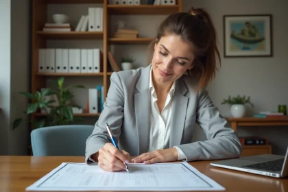 Femme remplissant le formulaire P2000 à son bureau à domicile