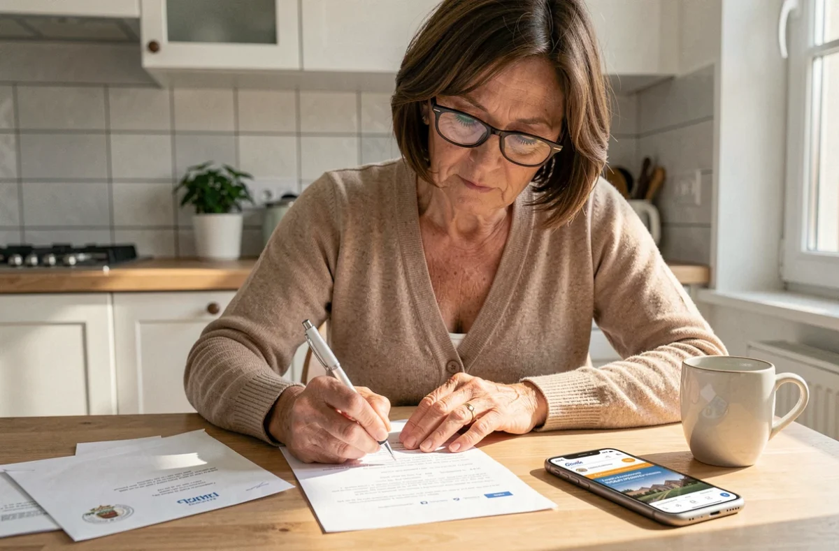 Femme remplissant un formulaire de réclamation pour courrier perdu à La Banque Postale, assise dans sa cuisine avec documents officiels