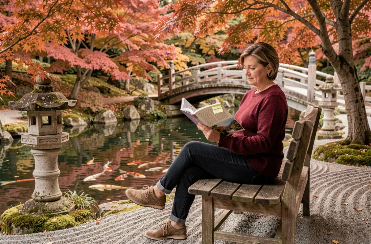 Femme lisant un guide de voyage dans un jardin japonais en automne, planifiant son assurance voyage au Japon