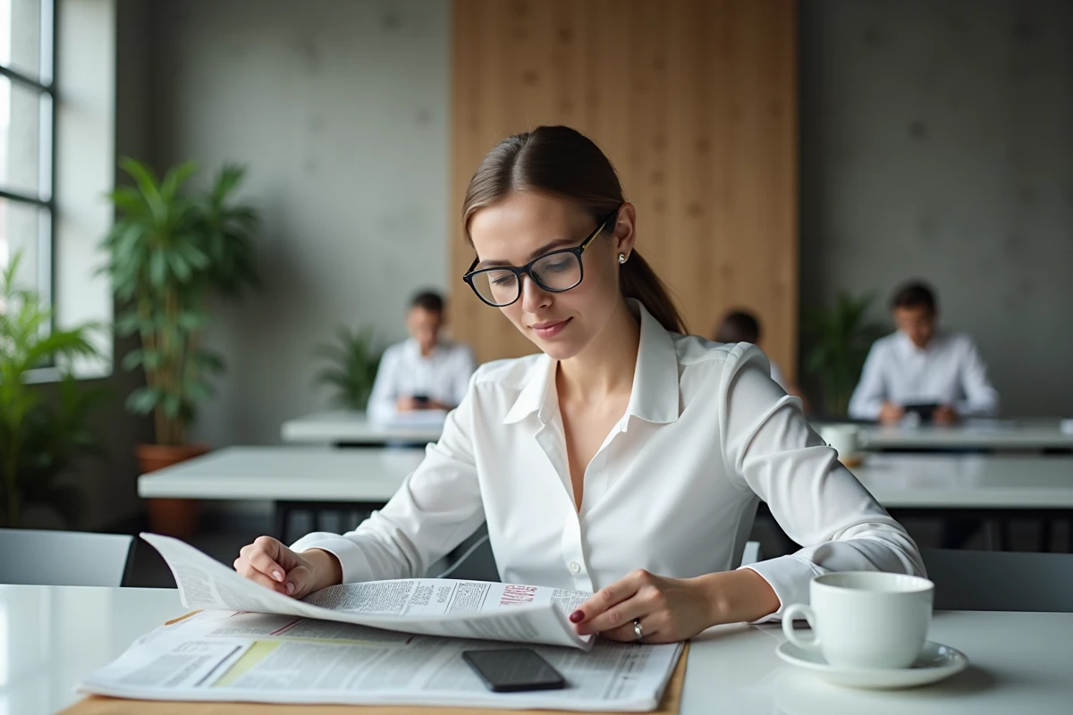Femme professionnelle lisant un journal financier avec prévisions de taux d'intérêt 2026