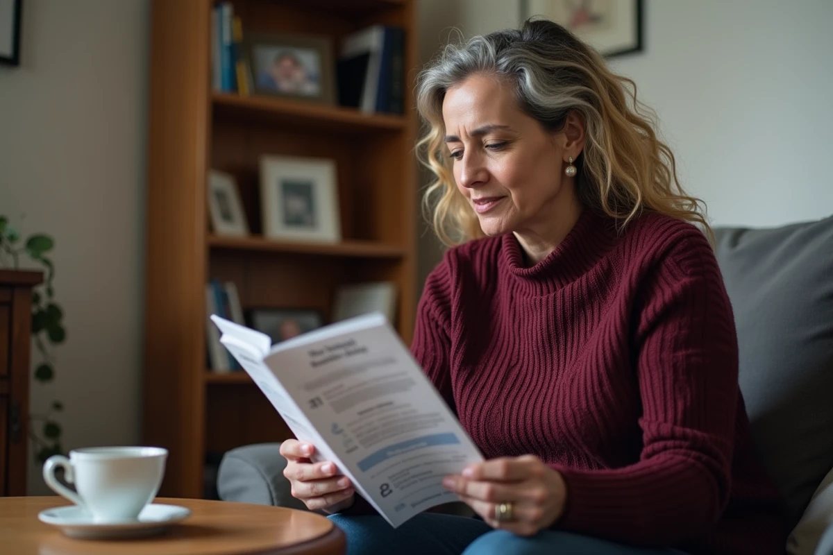 Femme lisant une brochure d'information sur le dispositif MIRAPI dans son salon
