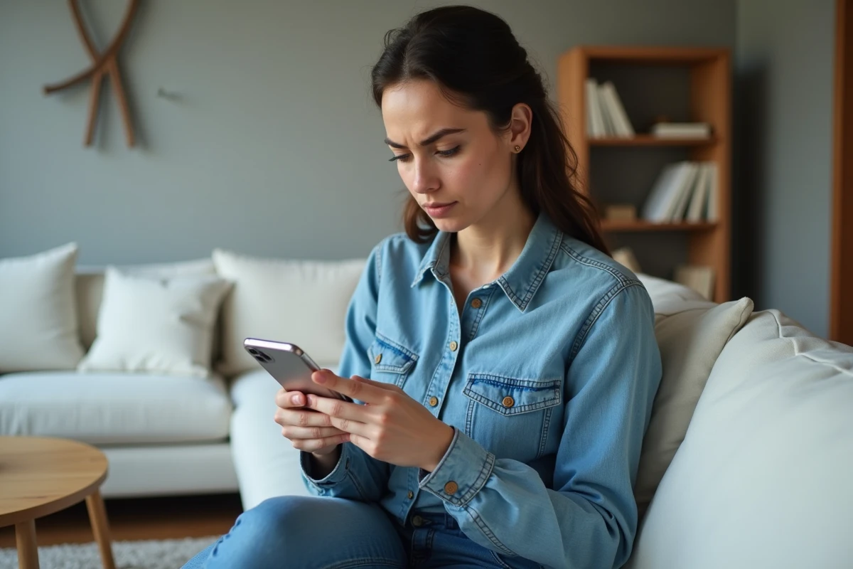 Femme consultant une application de minage de cryptomonnaie sur son iPhone dans un salon moderne