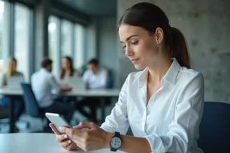 Femme utilisant une application de monnaie numérique sur smartphone dans un bureau moderne