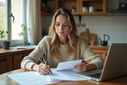 Femme consultant ses documents de prime d'activité sur un ordinateur portable dans une cuisine modeste