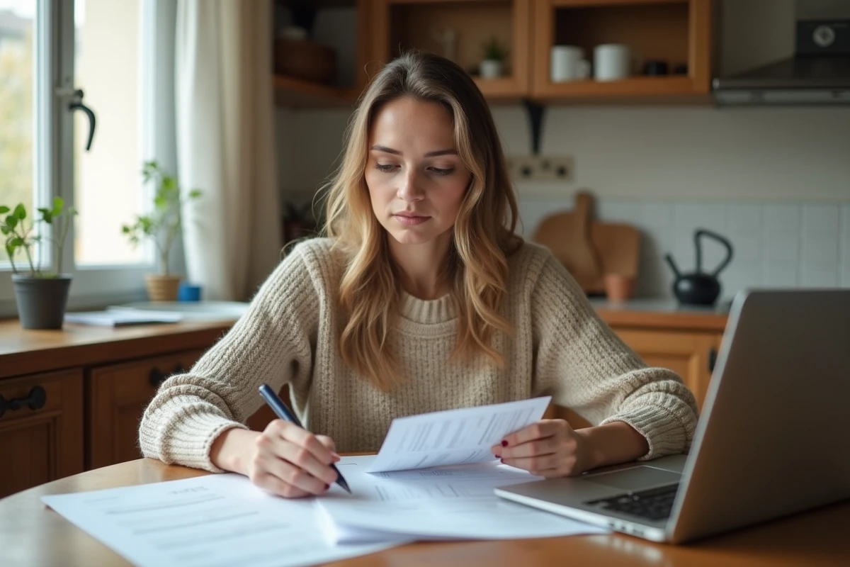 Femme consultant ses documents de prime d'activité sur un ordinateur portable dans une cuisine modeste