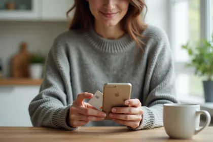 Femme rechargeant une carte bancaire prépayée depuis son smartphone à la maison