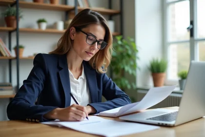 Femme en blazer marine révisant ses documents d'assurance à son bureau à domicile
