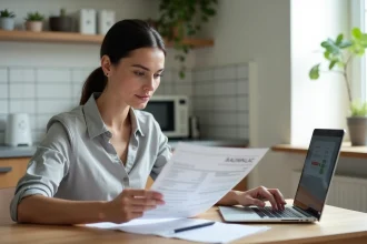 Femme consultant un simulateur de crédit sur ordinateur portable avec des documents bancaires sur une table en bois
