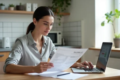 Femme consultant un simulateur de crédit sur ordinateur portable avec des documents bancaires sur une table en bois