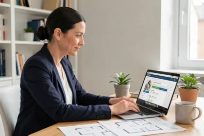 Femme consultant une simulation de prêt immobilier sur Cyberplus Banque Populaire depuis un bureau à domicile