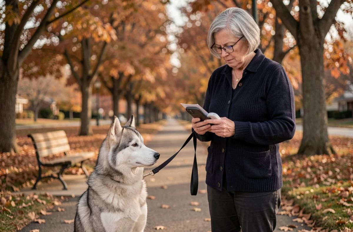 Femme vérifiant son assurance chien sur smartphone dans un parc avec son husky en automne