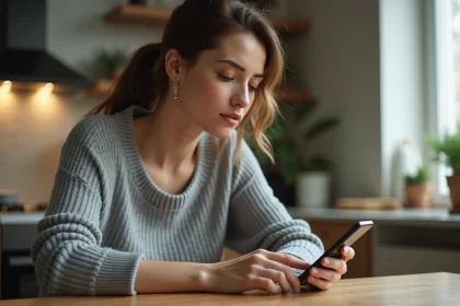 Femme consultant une application bancaire sur smartphone pour effectuer un virement gratuit entre deux banques