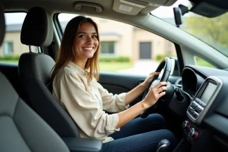 Jeune femme souriante au volant d'une voiture compacte moderne, illustrant une offre de voiture à 100 euros par mois