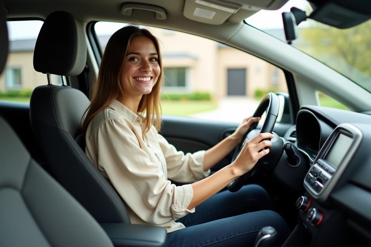 Jeune femme souriante au volant d'une voiture compacte moderne, illustrant une offre de voiture à 100 euros par mois