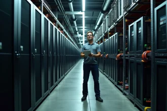 Salle de minage de cryptomonnaies avec des rangées de machines ASIC dans un entrepôt industriel, illustrant la consommation énergétique massive du minage