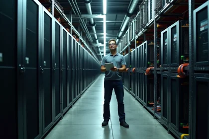 Salle de minage de cryptomonnaies avec des rangées de machines ASIC dans un entrepôt industriel, illustrant la consommation énergétique massive du minage