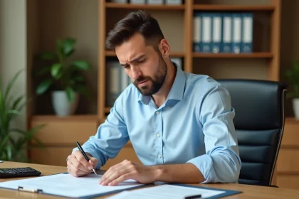 Homme consultant des documents notariaux à son bureau pour financer ses frais de notaire
