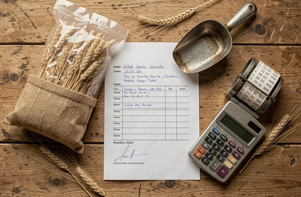 Flat-lay d'un contrat de fermage, d'un échantillon de blé et d'une calculatrice sur une table en bois, symbolisant le prix du quintal de blé fermage 2026