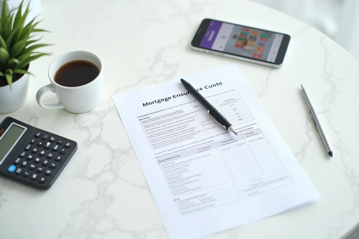 Vue aérienne d'un bureau minimaliste avec des documents de calcul d'assurance prêt immobilier et une calculatrice