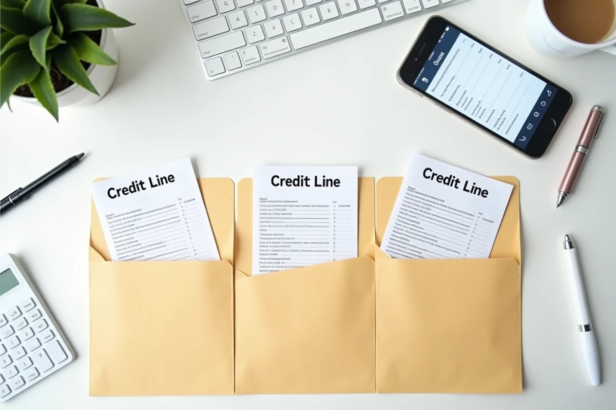 Vue aérienne de trois dossiers représentant les trois lignes de crédit sur un bureau de travail à domicile
