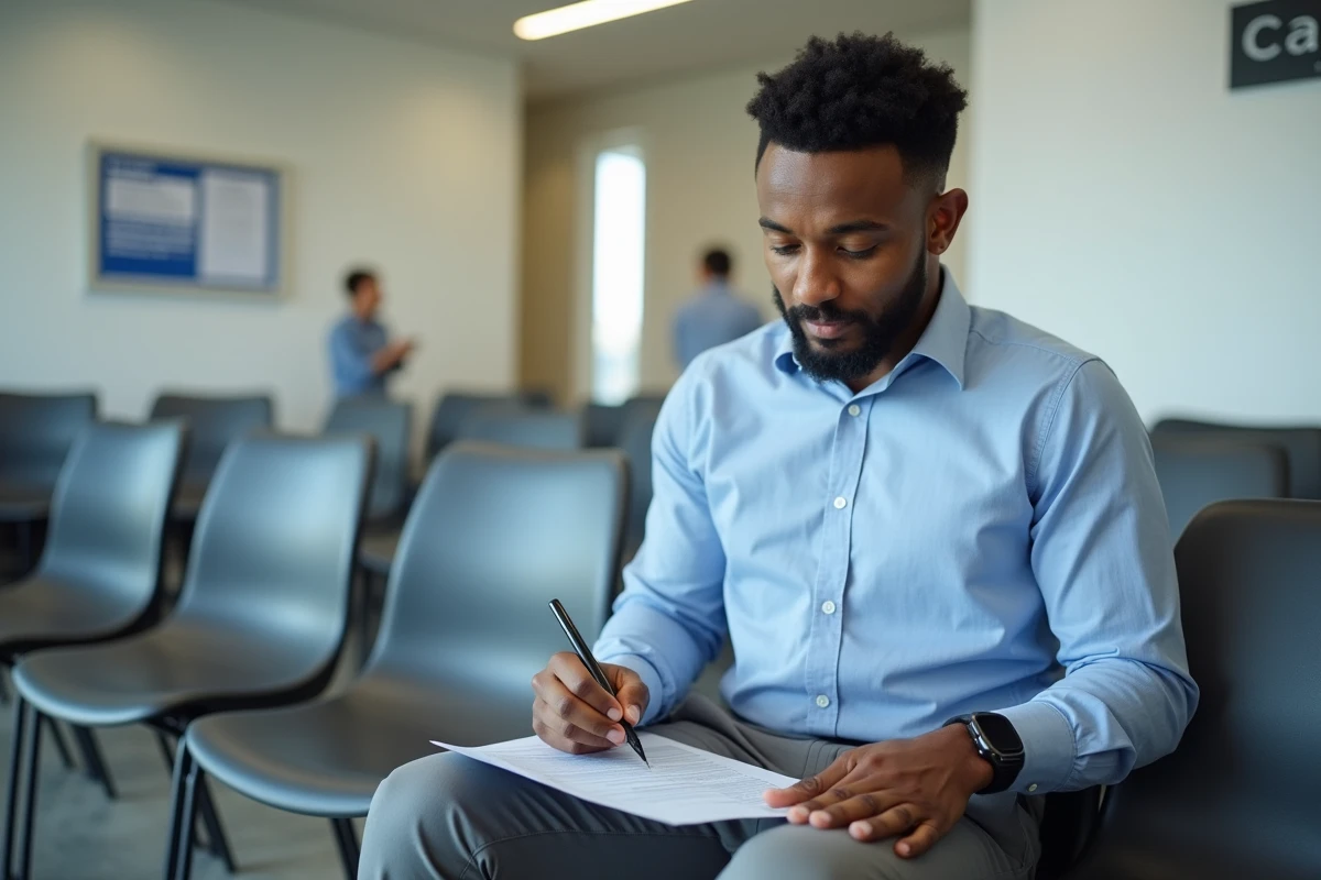 Personne remplissant un formulaire CAF pour la prime d'activité dans une salle d'attente administrative
