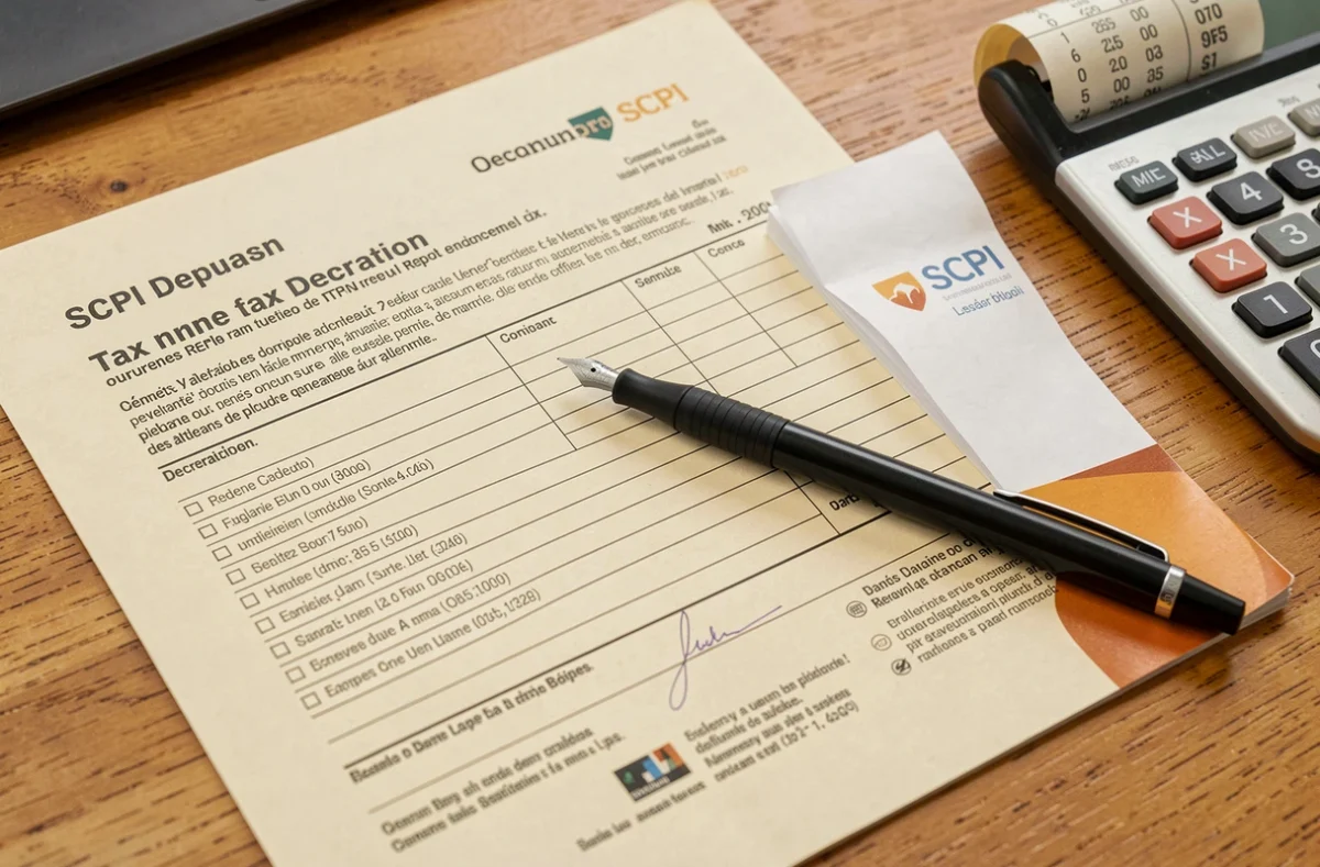 Gros plan sur une déclaration d'impôts française et une brochure SCPI posées sur un bureau en bois avec un stylo et une calculatrice