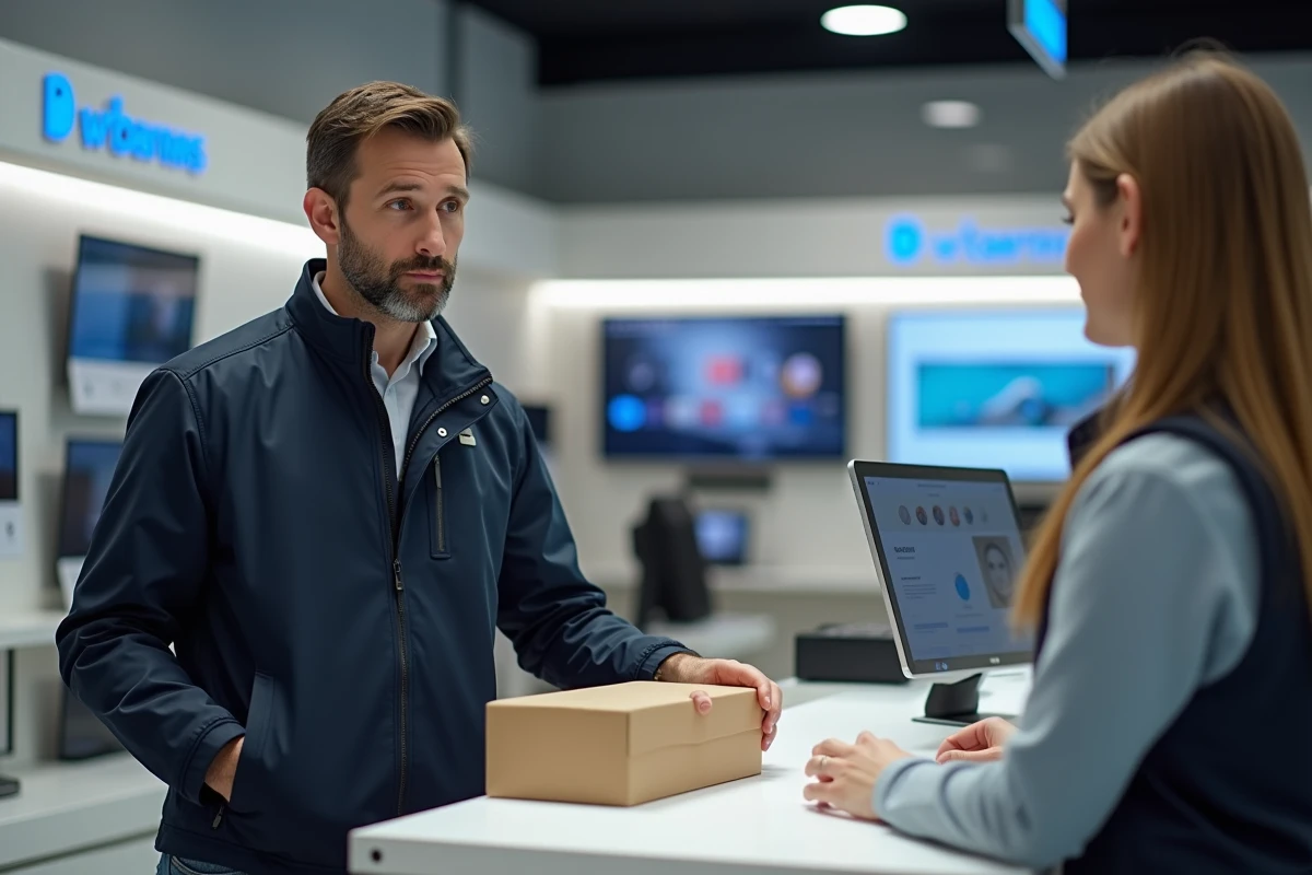 Client discutant d'une garantie légale avec un vendeur dans un magasin électronique