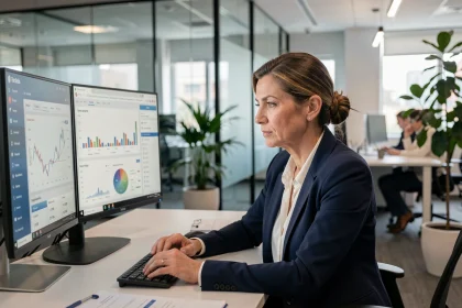 Femme professionnelle gérant la trésorerie en ligne sur un double écran dans un bureau moderne