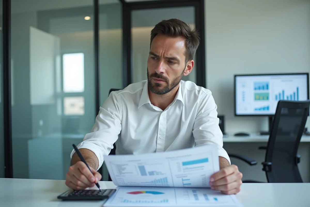 Un entrepreneur concentré analysant des tableaux de flux de trésorerie et des projections financières sur son bureau