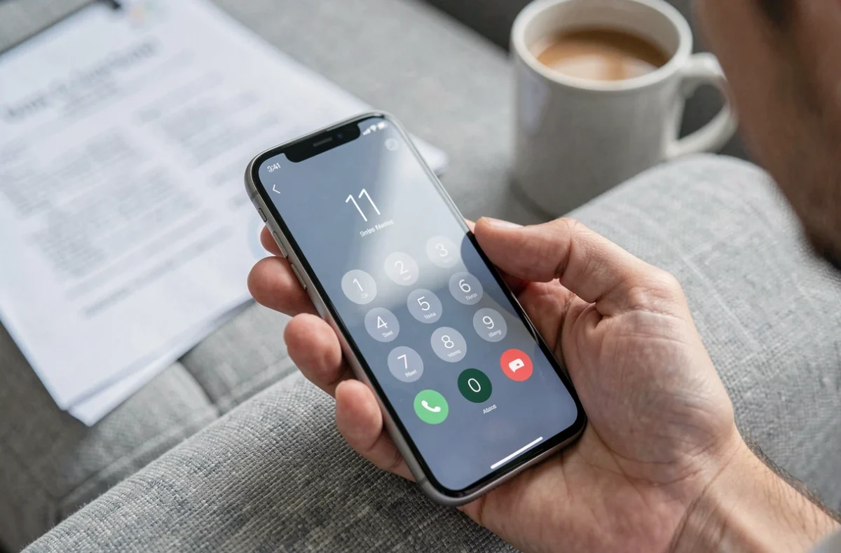 Gros plan d'une main tenant un smartphone affichant un numéro de téléphone Cofidis