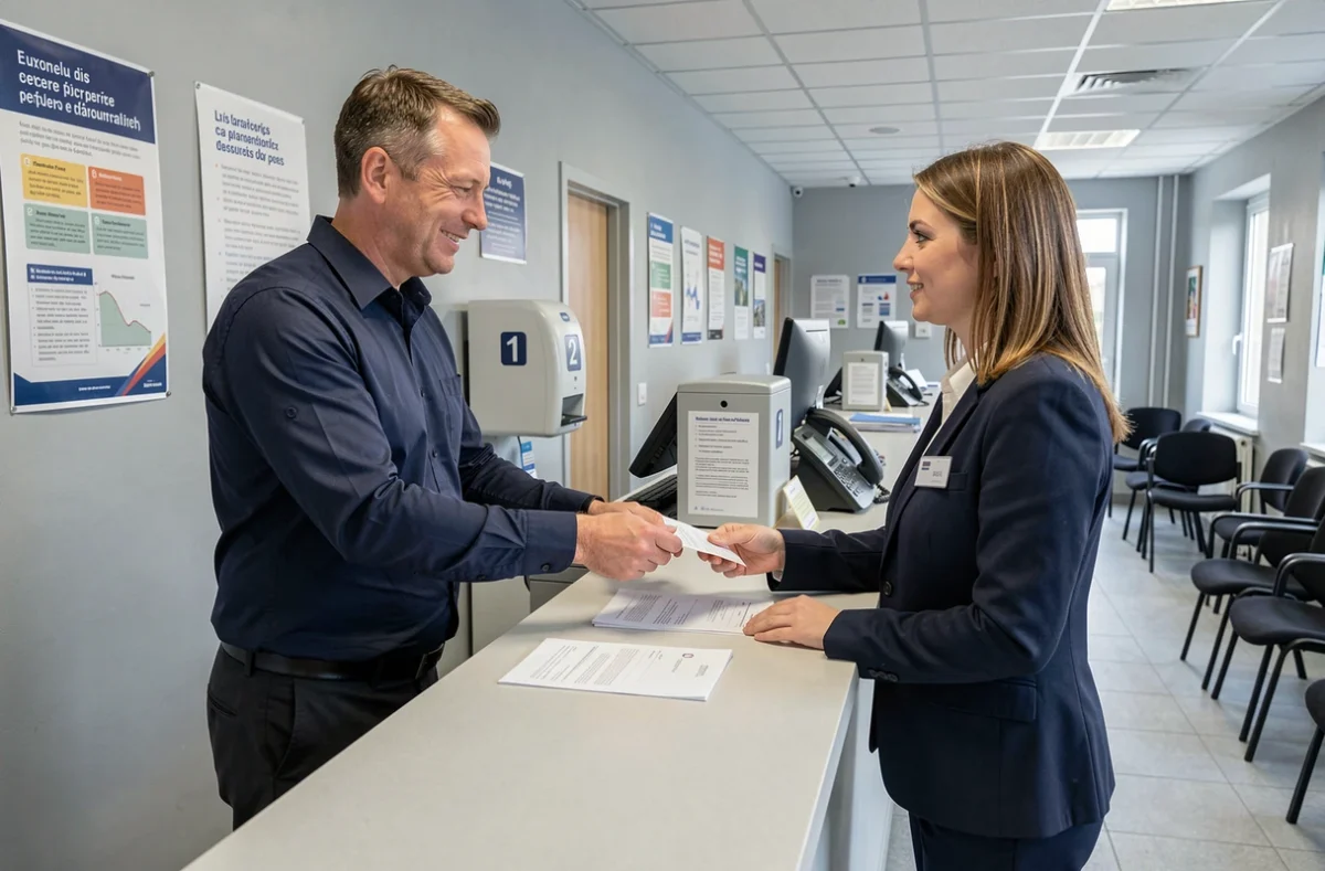 Contribuable déposant des documents au guichet du centre des finances publiques de Mérignac