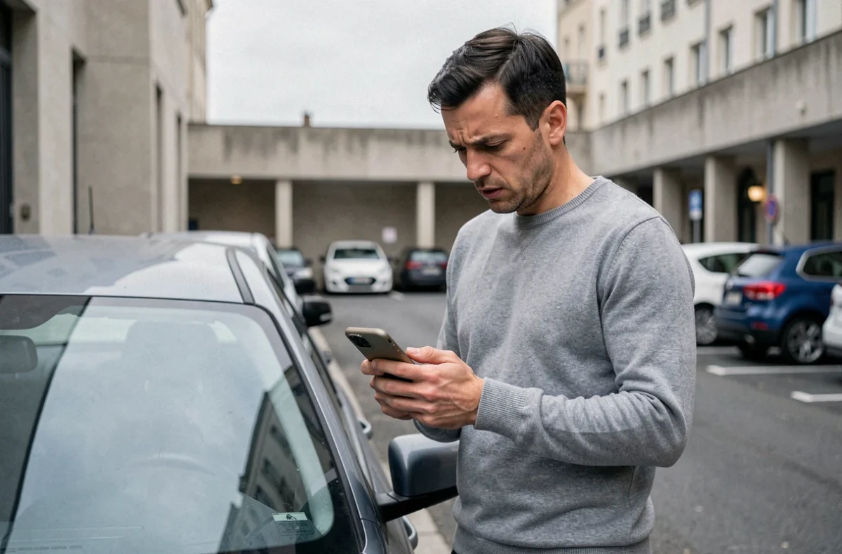 Homme vérifiant son téléphone après un accident de voiture pour entamer la résiliation de son assurance auto