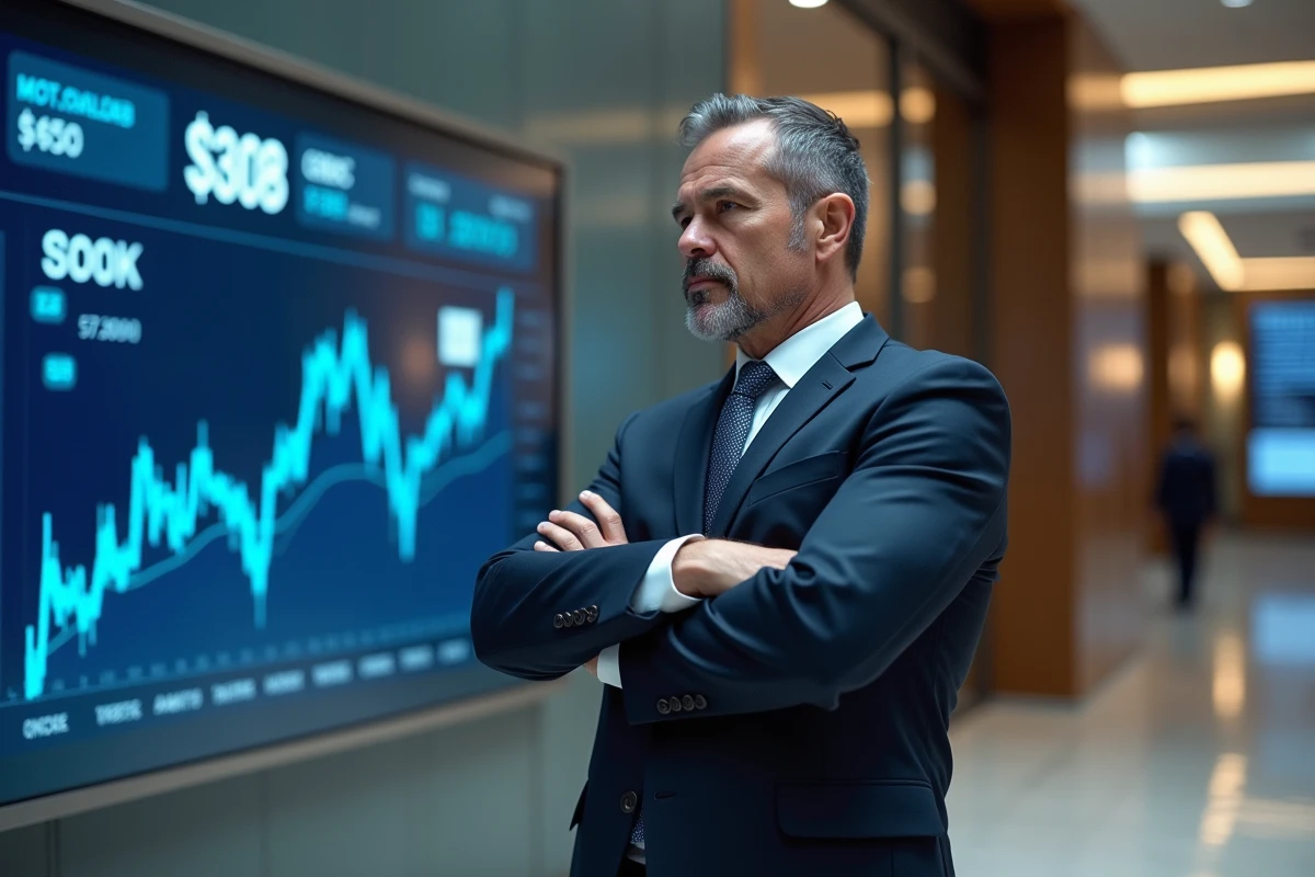 Homme d'affaires devant un tableau de données sur les monnaies numériques de banque centrale dans un hall financier