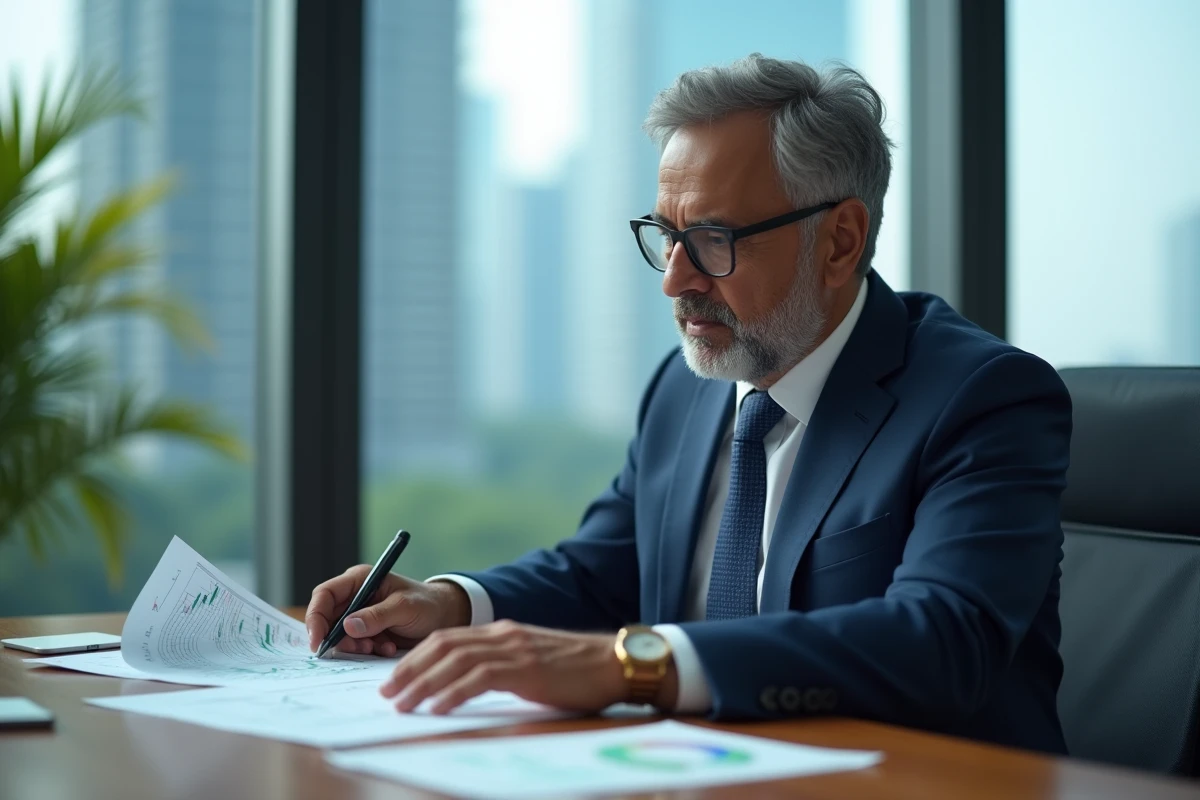 Homme d'affaires indien analysant des graphiques boursiers dans un bureau moderne de Mumbai en 2026