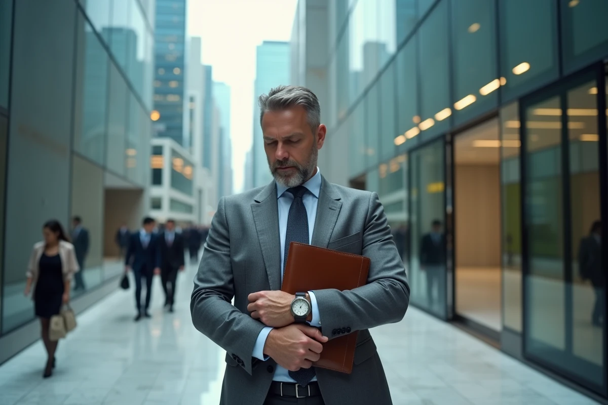Homme d'affaires en costume gris dans un hall d'immeuble moderne symbolisant la réussite financière professionnelle
