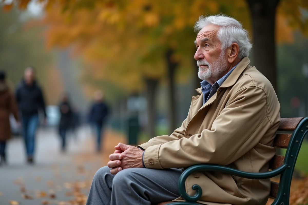 Homme âgé assis sur un banc de parc réfléchissant à sa situation de retraite