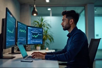 Un homme analysant des interfaces DeFi et des graphiques blockchain sur plusieurs écrans dans un bureau moderne