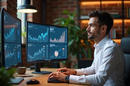 Homme analysant des plateformes DeFi sur un grand écran dans un bureau moderne à domicile