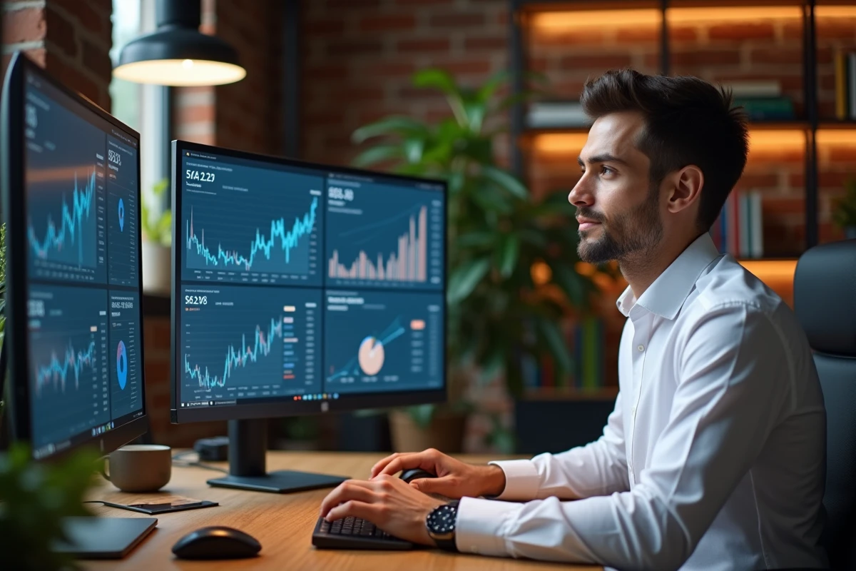 Homme analysant des plateformes DeFi sur un grand écran dans un bureau moderne à domicile