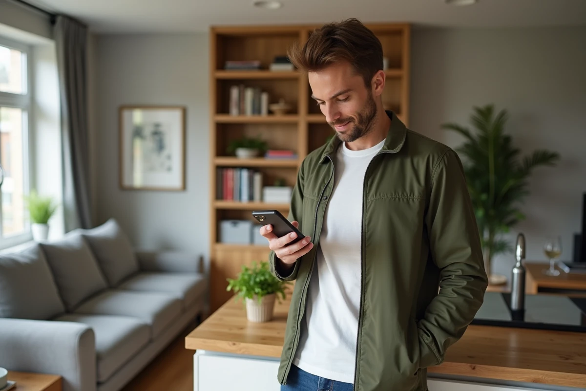 Homme vérifiant une simulation de crédit mensuel sur son smartphone dans un appartement moderne