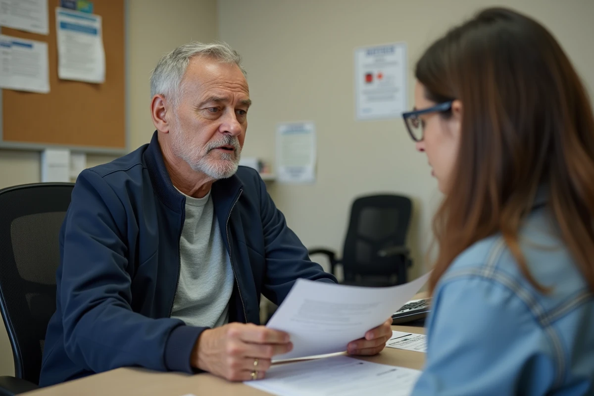 Homme en rendez-vous avec une assistante sociale pour discuter de sa pension d'invalidité en 2026