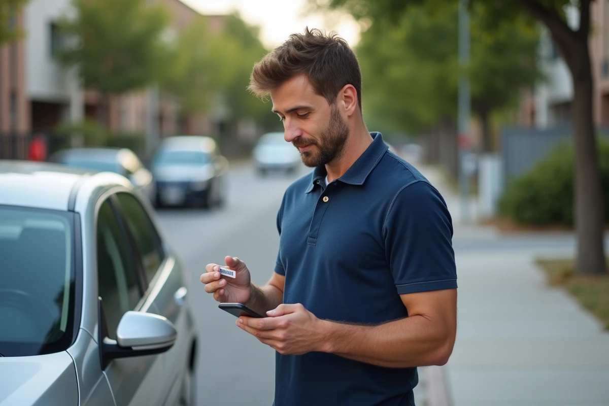 Homme vérifiant son assurance responsabilité civile automobile près de sa voiture
