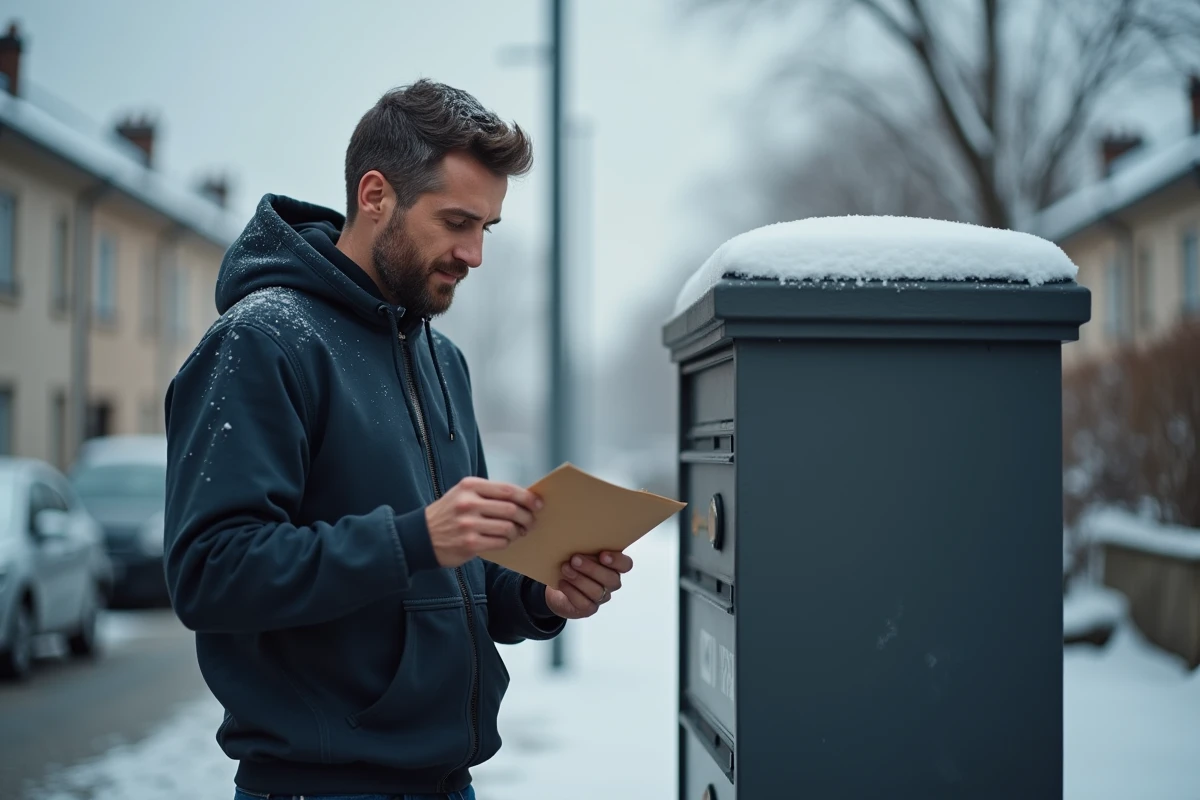 Homme au chômage recevant un courrier officiel concernant la prime de Noël en hiver