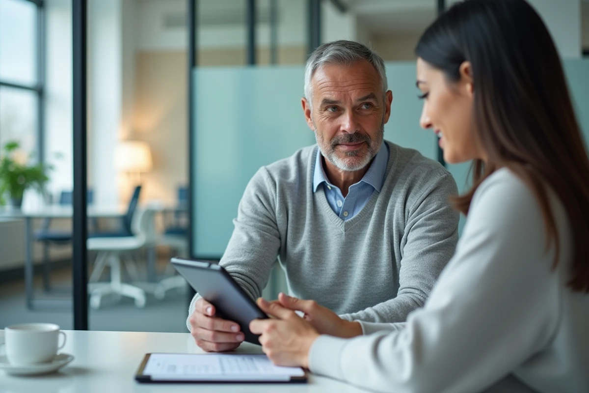 Homme consultant une conseillère en assurance dans un bureau professionnel pour changer de contrat