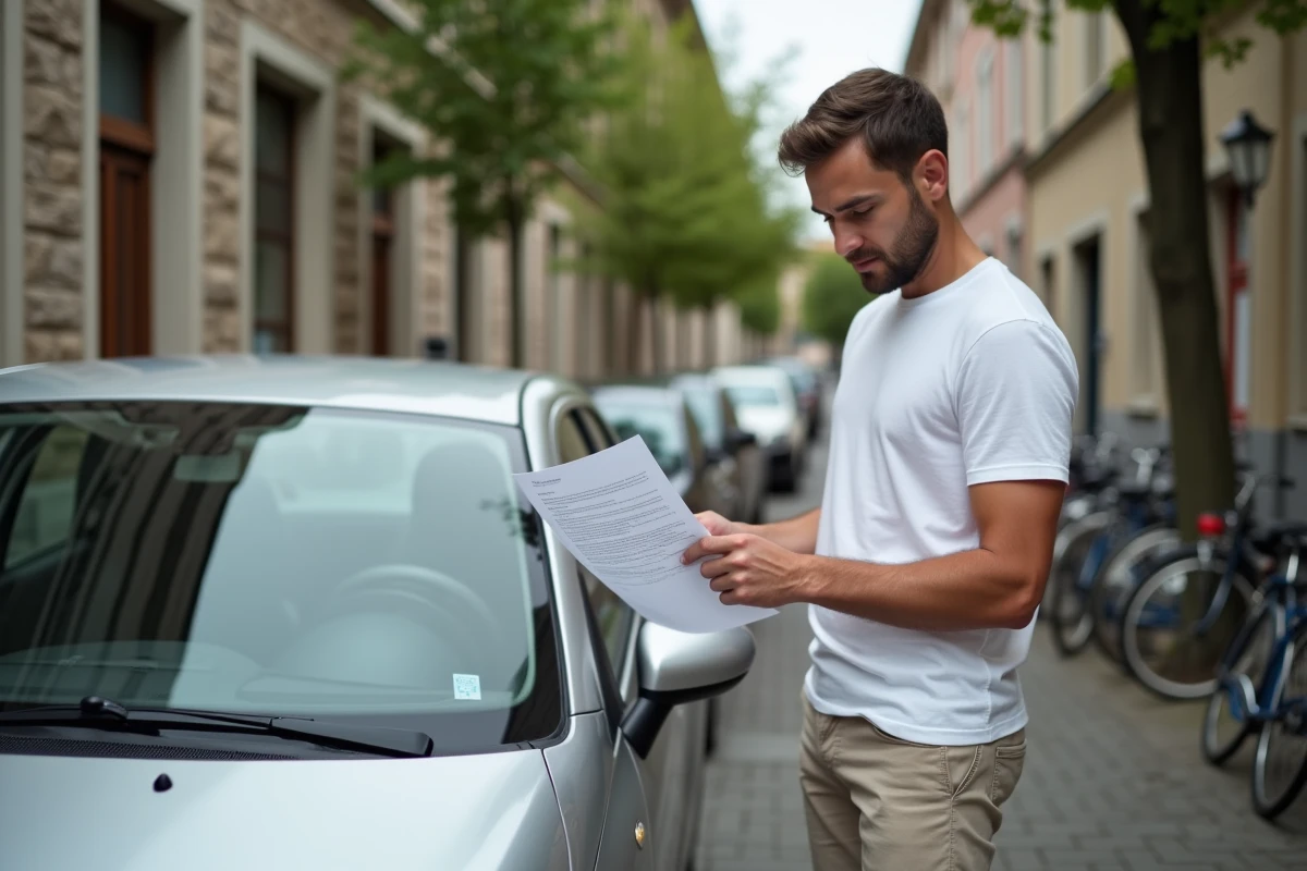 Homme consultant un contrat de location de voiture devant une petite citadine argentée dans une rue résidentielle européenne