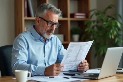 Un homme d'une quarantaine d'années examine des documents fiscaux immobiliers sur un bureau en bois dans un bureau à domicile