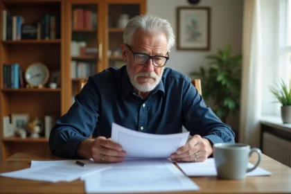 Homme de 61 ans examinant ses documents de retraite anticipée à une table en bois, illustrant les démarches administratives pour partir en retraite avant 62 ans