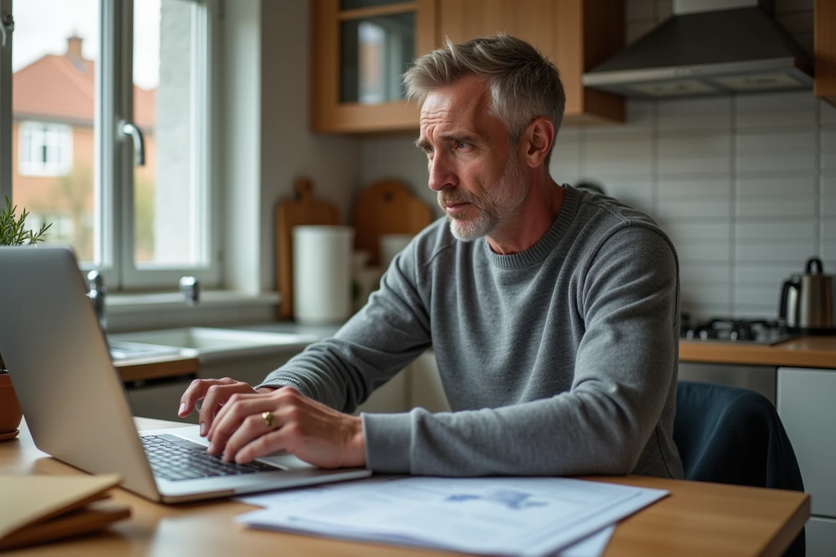 Homme consultant ses droits au chômage en ligne depuis son domicile avec des documents administratifs