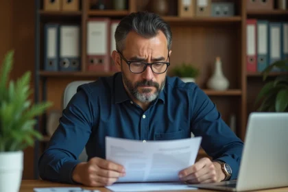 Un homme d'une quarantaine d'années examine des documents d'assurance emprunteur à son bureau à domicile