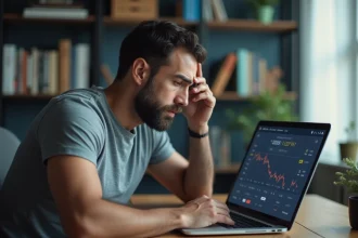 Homme frustré devant son ordinateur avec une erreur de retrait d'euros sur Binance
